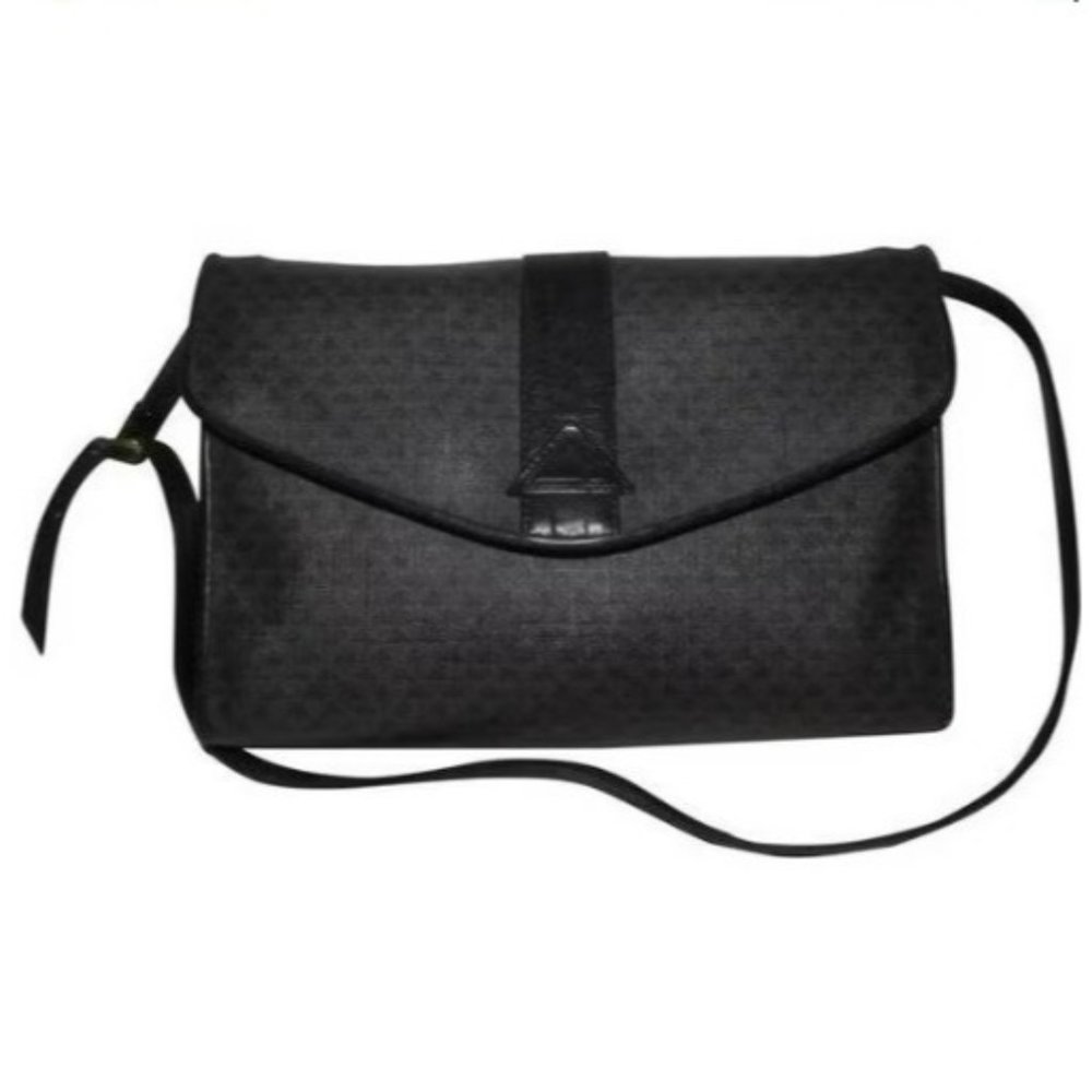 Liz Claiborne Vintage Shoulder Bag Black Grey Coated Canvas Logo Print